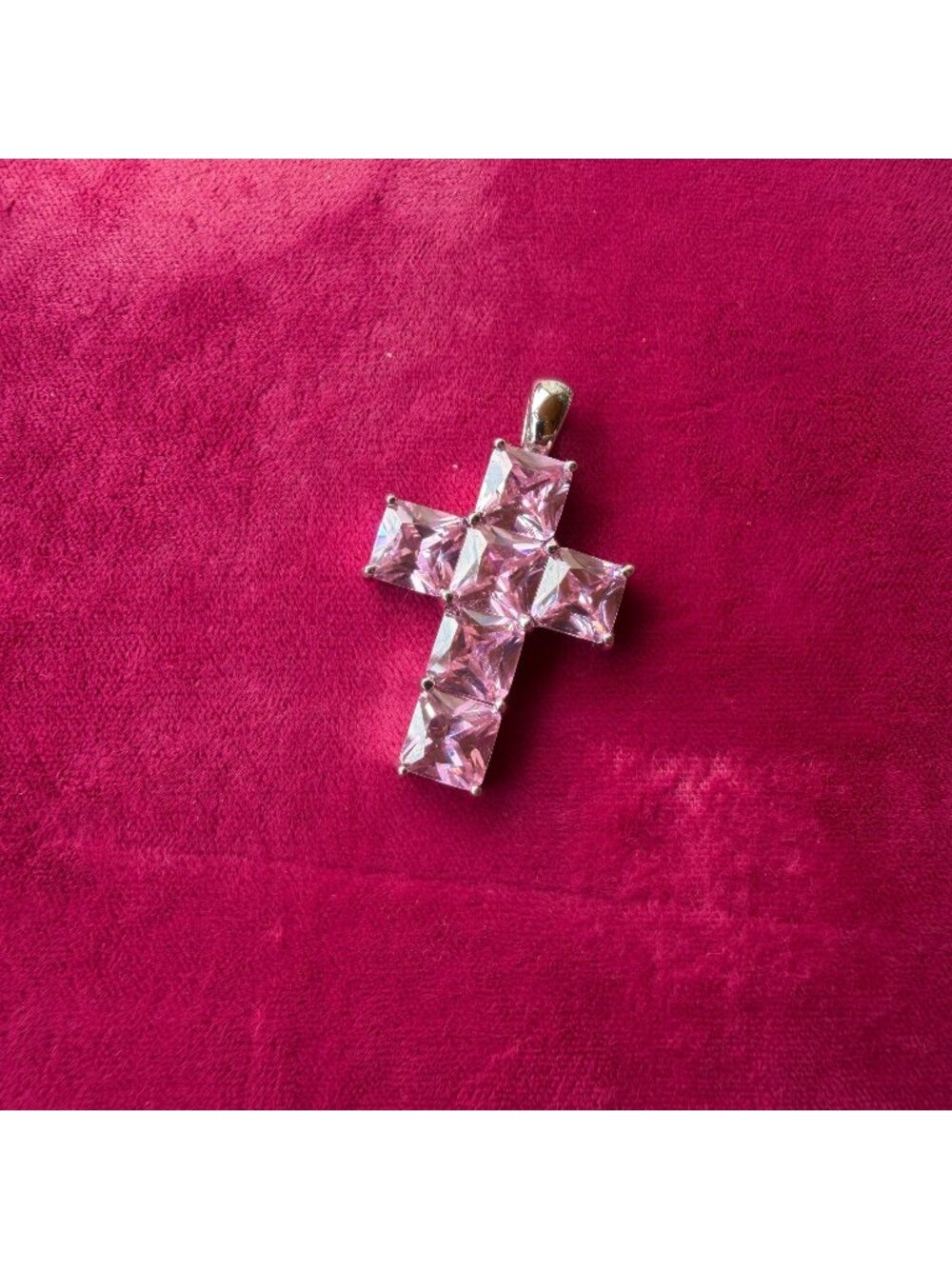 Sterling Silver 925 Pink Princess Cut CZ Cross Pendant Charm Sparkle Necklace